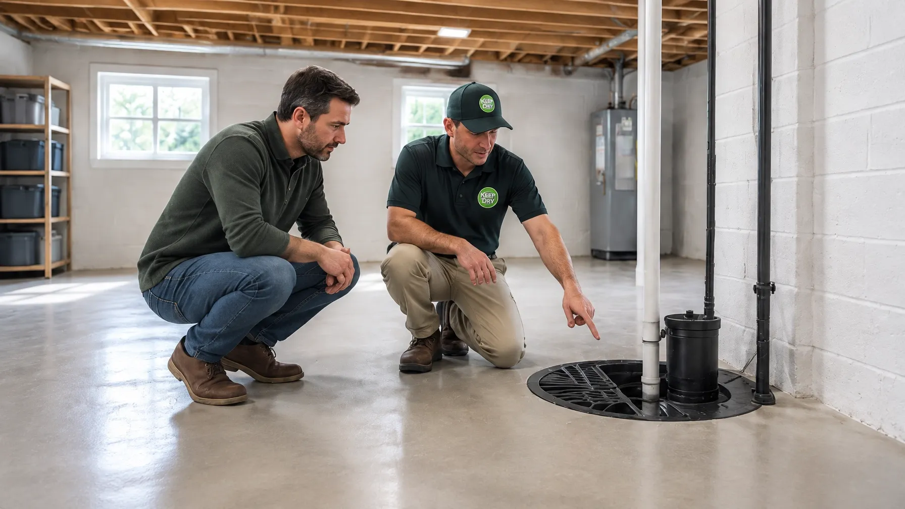 Homeowner and contractor inspecting a sump pit in a clean, dry basement